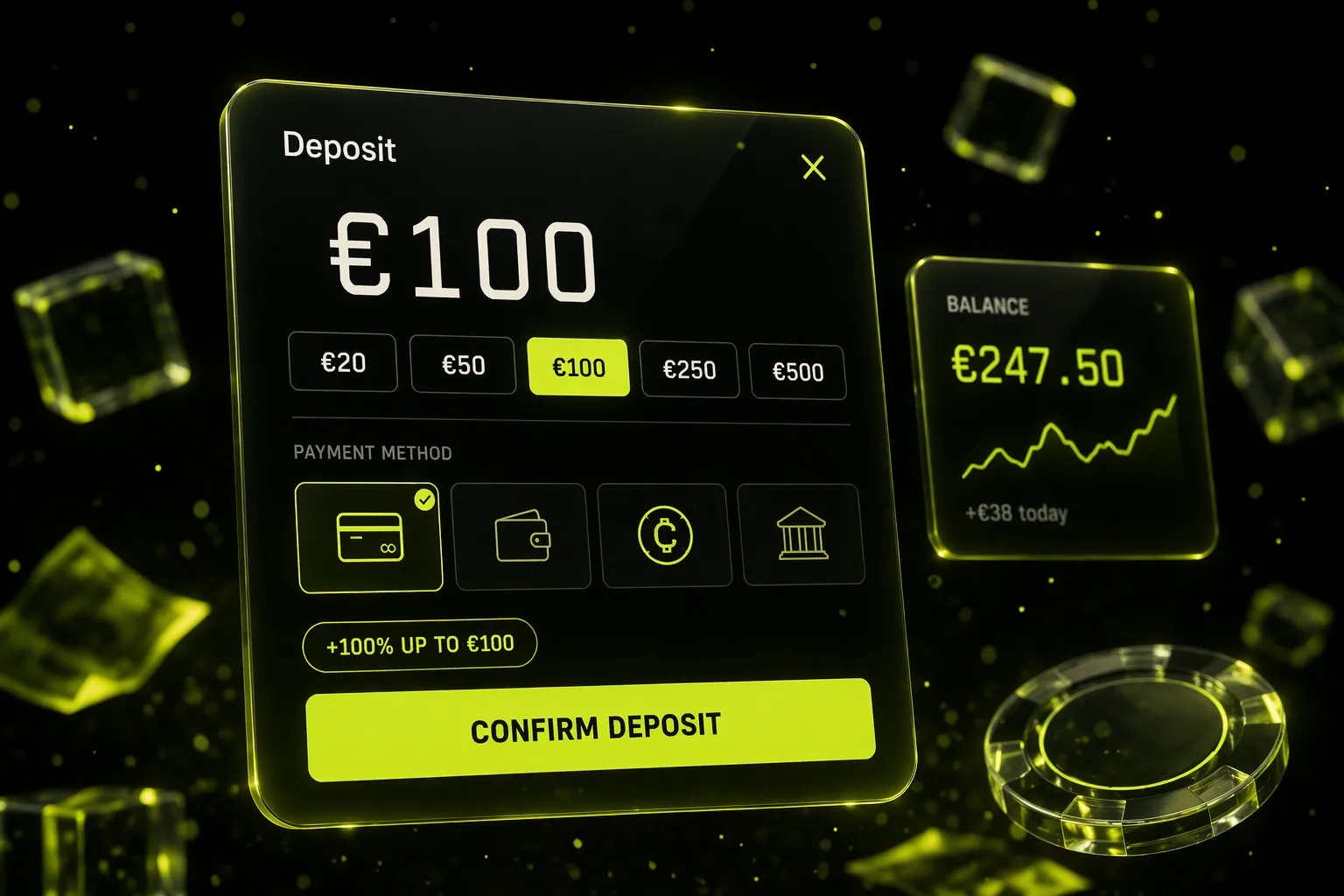 Cashier flow — deposit on frosted glass with live balance feedback