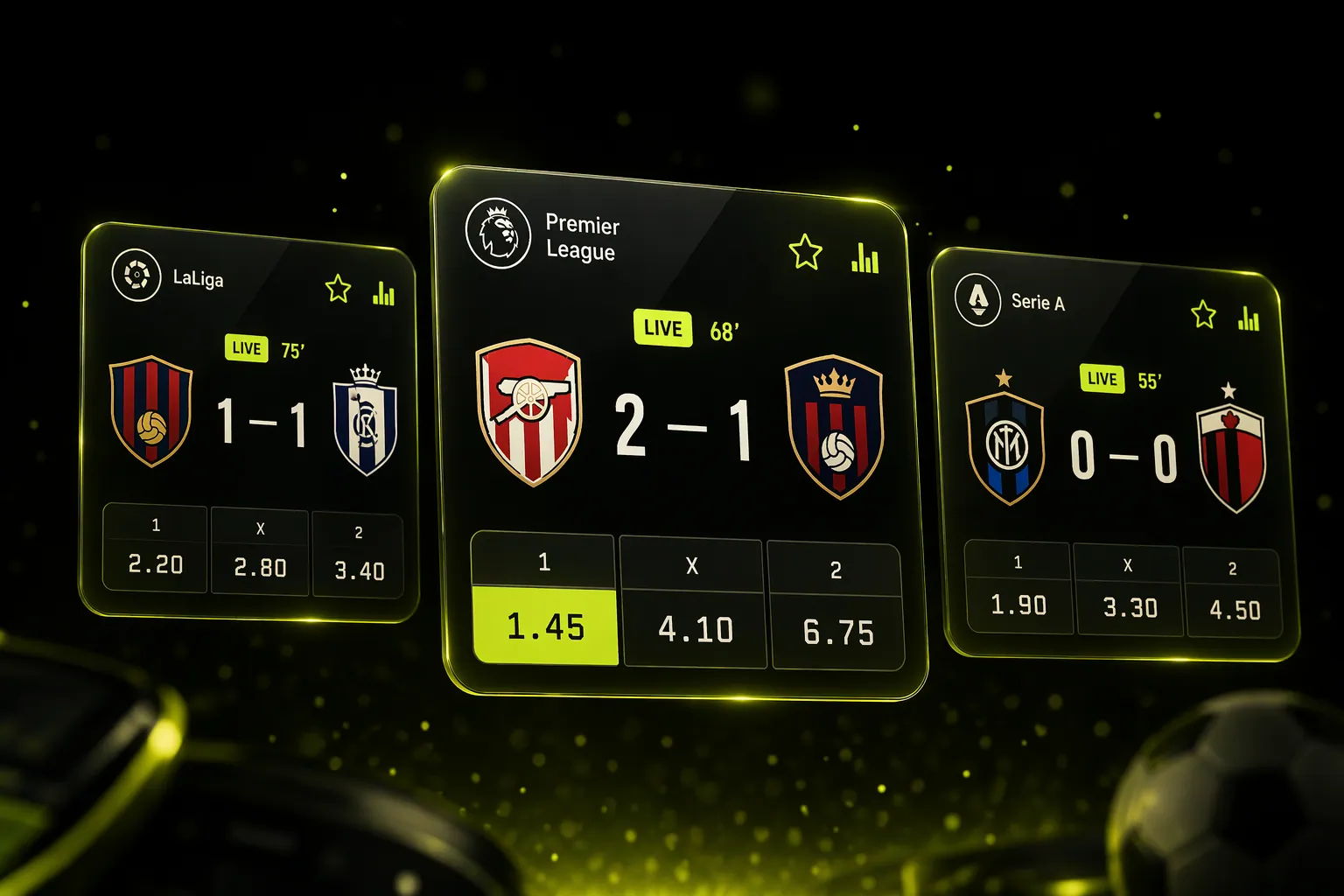 Live event cards — branded league lockups, lime accent odds, real-time score state