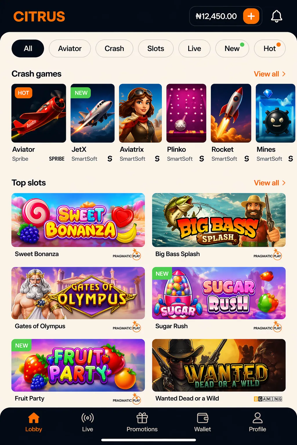 Mobile home — Aviator-first lobby, crash row on top, slots grid below, Lobby/Live/Promotions/Wallet/Profile tab bar