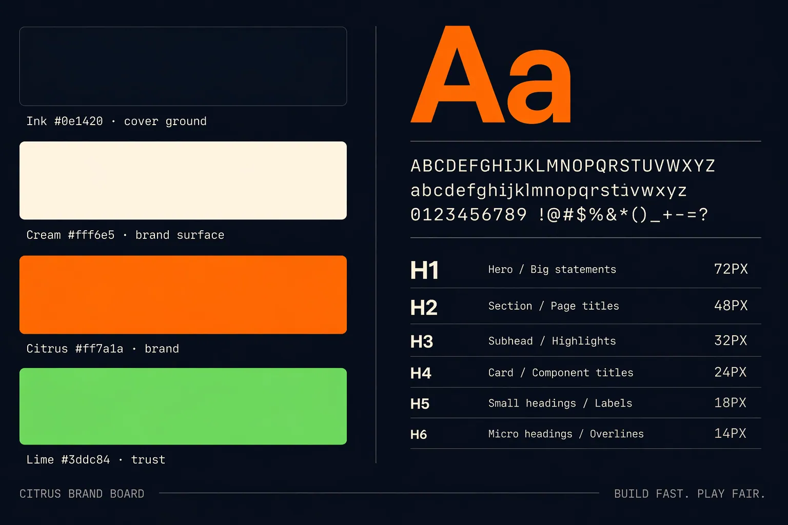 Brand board — palette + type specimen