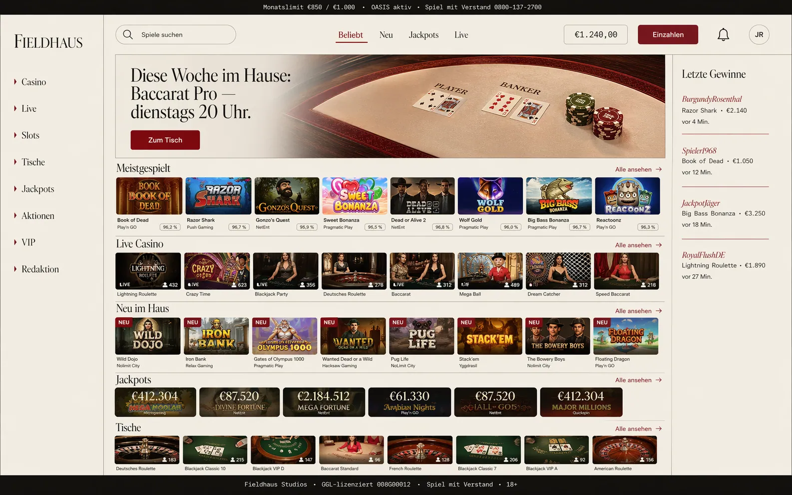 Homepage — editorial Swiss grid with serif display, marginalia feature list, persistent Monatslimit rail