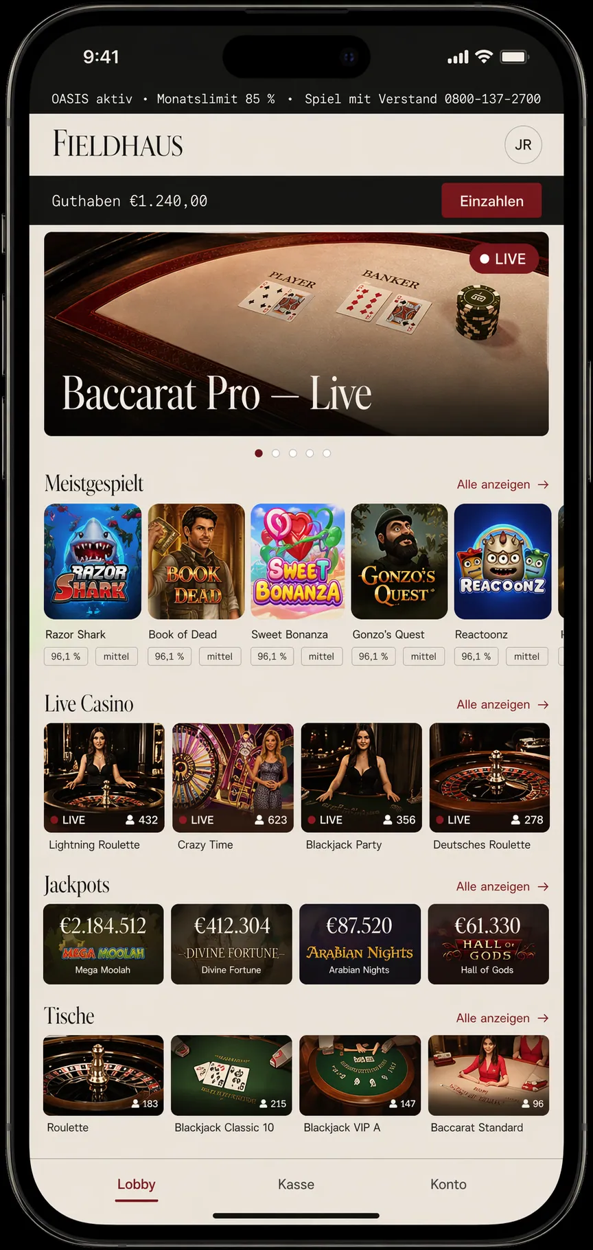 Mobile digest — horizontal card list with data chips, persistent top strip for OASIS and Monatslimit