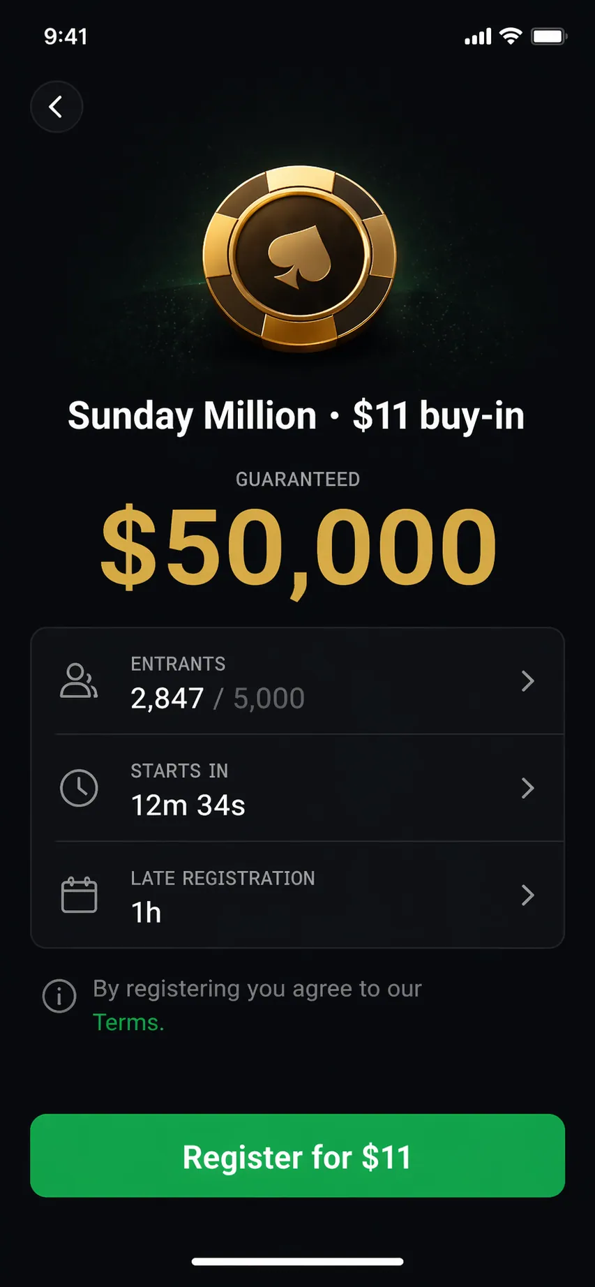 Register — Sunday Million $11 buy-in, $50K guaranteed