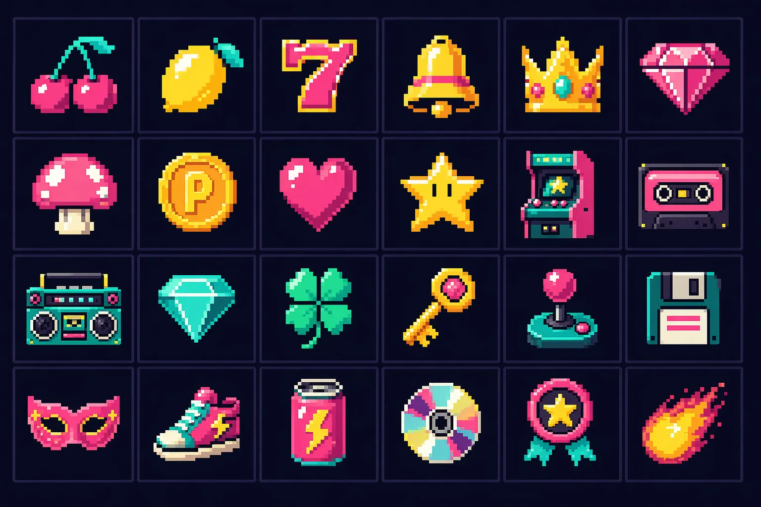 Sprite sheet — 24 pixel symbols across slots, arcade and collectibles