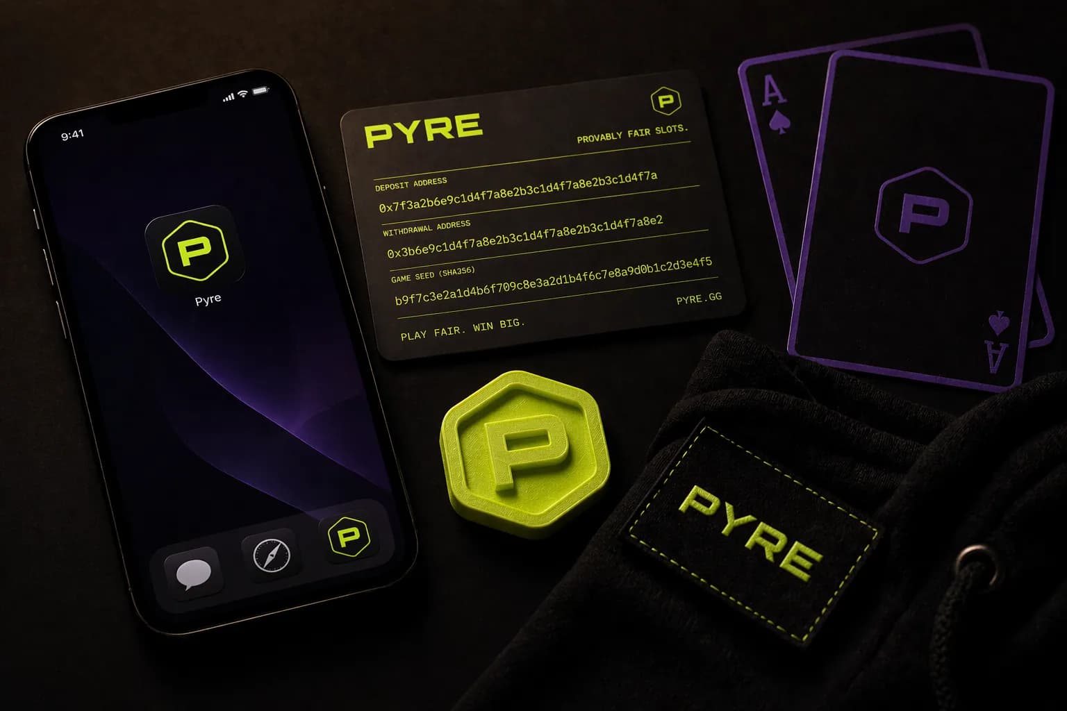 Brand applications — app icon, hex coin, wallet card, hoodie tag