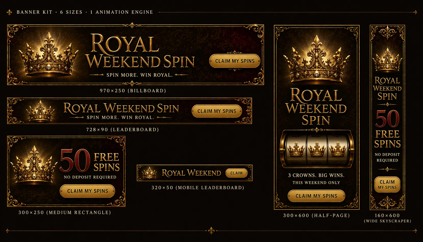 HTML5 banner system — six IAB sizes driven by a single animation engine