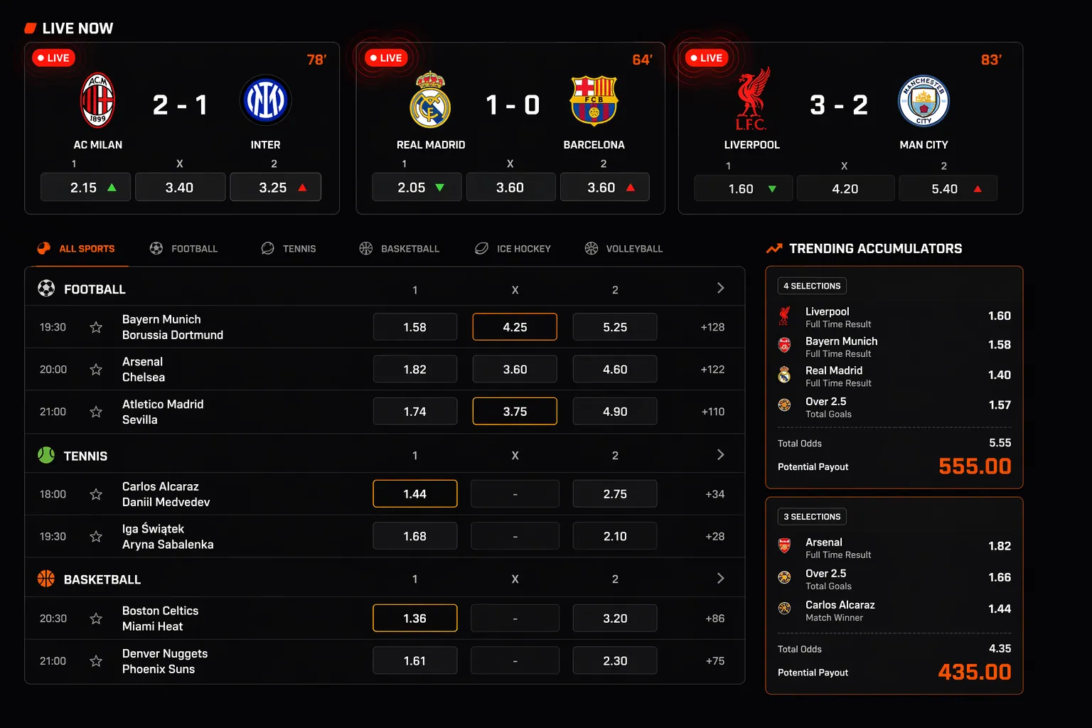 Live dashboard — multi-sport odds grid, in-play tiles, trending accumulator rail